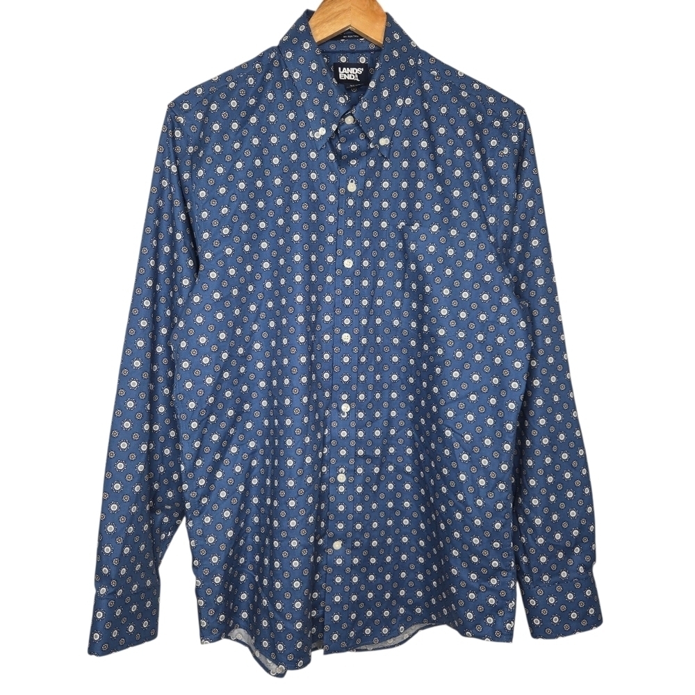 Lands End Mens Traditional Fit Blue Geo Print Button Down Shirt Medium